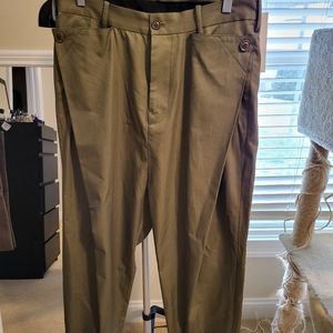 Yohji drop crotch pants green with hidden draped button closure
